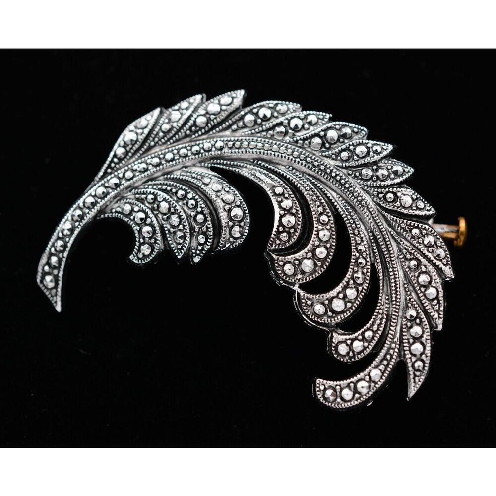West Germany Vintage Leaf Pin Feather Brooch Silver Lightweight Signed 70s Bin5A